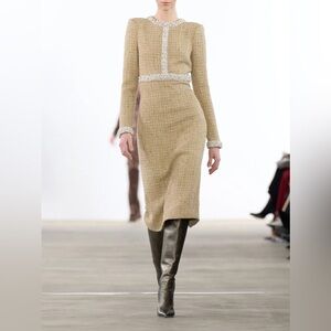 Badgley Mischka Tan Long Sleeve Dress with Silver Accents